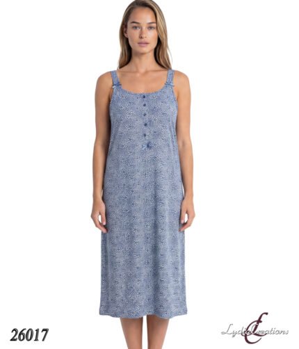 Blue floral sleeveless midi dress with wide straps and front buttons worn by a model (catalog #26017).