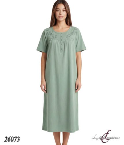 Full-length sage-green women's nightgown with short sleeves and embroidered yoke, facing forward on a model.