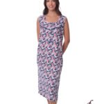 Model wearing a sleeveless floral midi dress in navy, pink, and white; product code 26076.