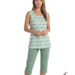 Model wearing a sleeveless green leaf-pattern tunic and sage capri pants; studio product shot, front view