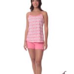 Model wearing pink sleepwear set with heart pattern top and matching pink shorts; product code 26109.