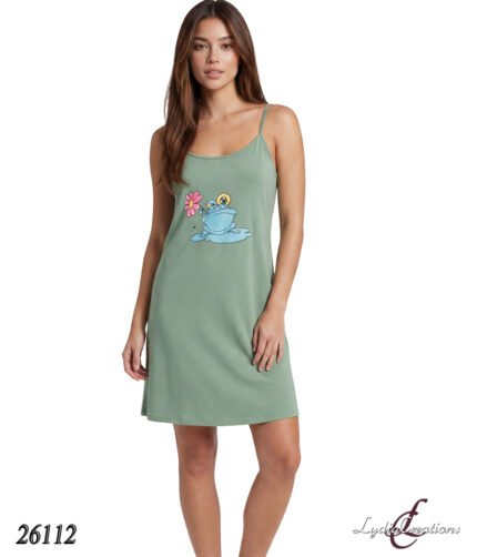 Green sleeveless crewneck dress with spaghetti straps, featuring a cartoon frog holding a pink flower on the front, worn by a model against a white background. (Product ID 26112)